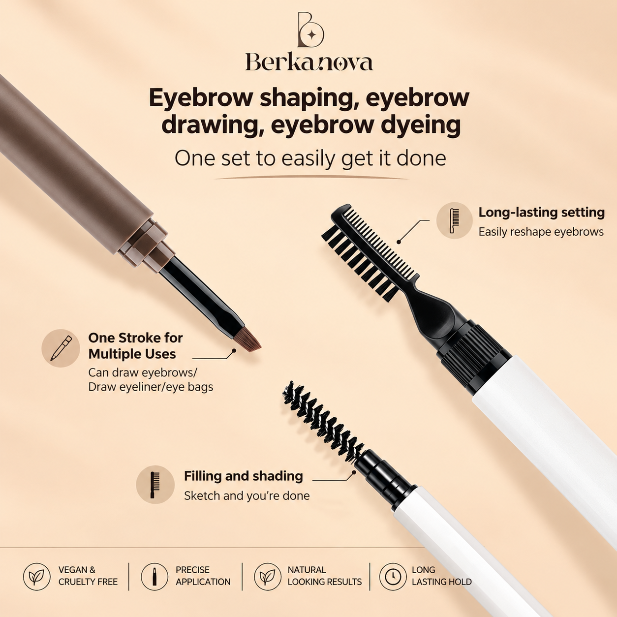 3 Piece Waterproof Eyebrow Pencil Set with Gel Cream Formula