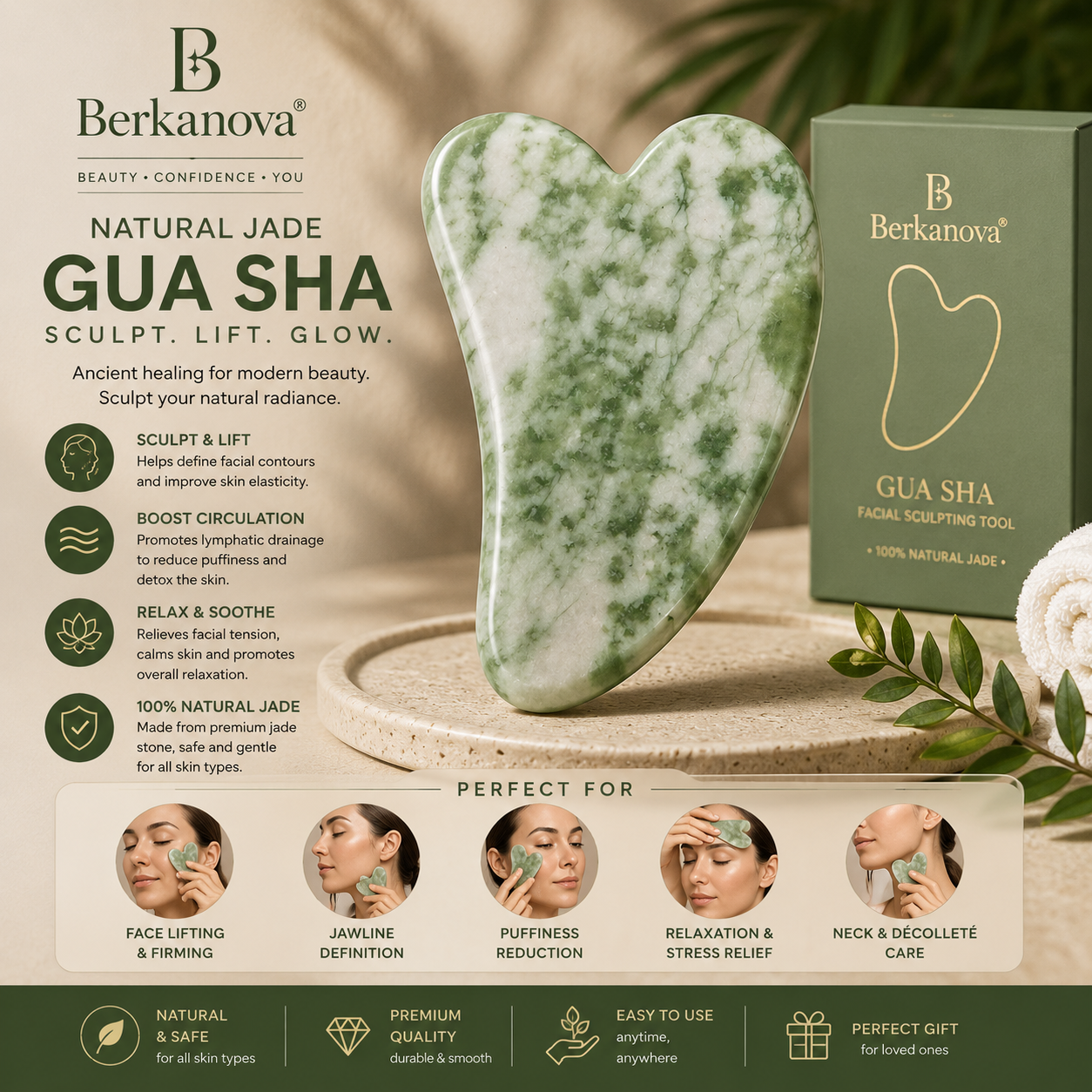 Professional Jade Gua Sha Facial Massage Tool