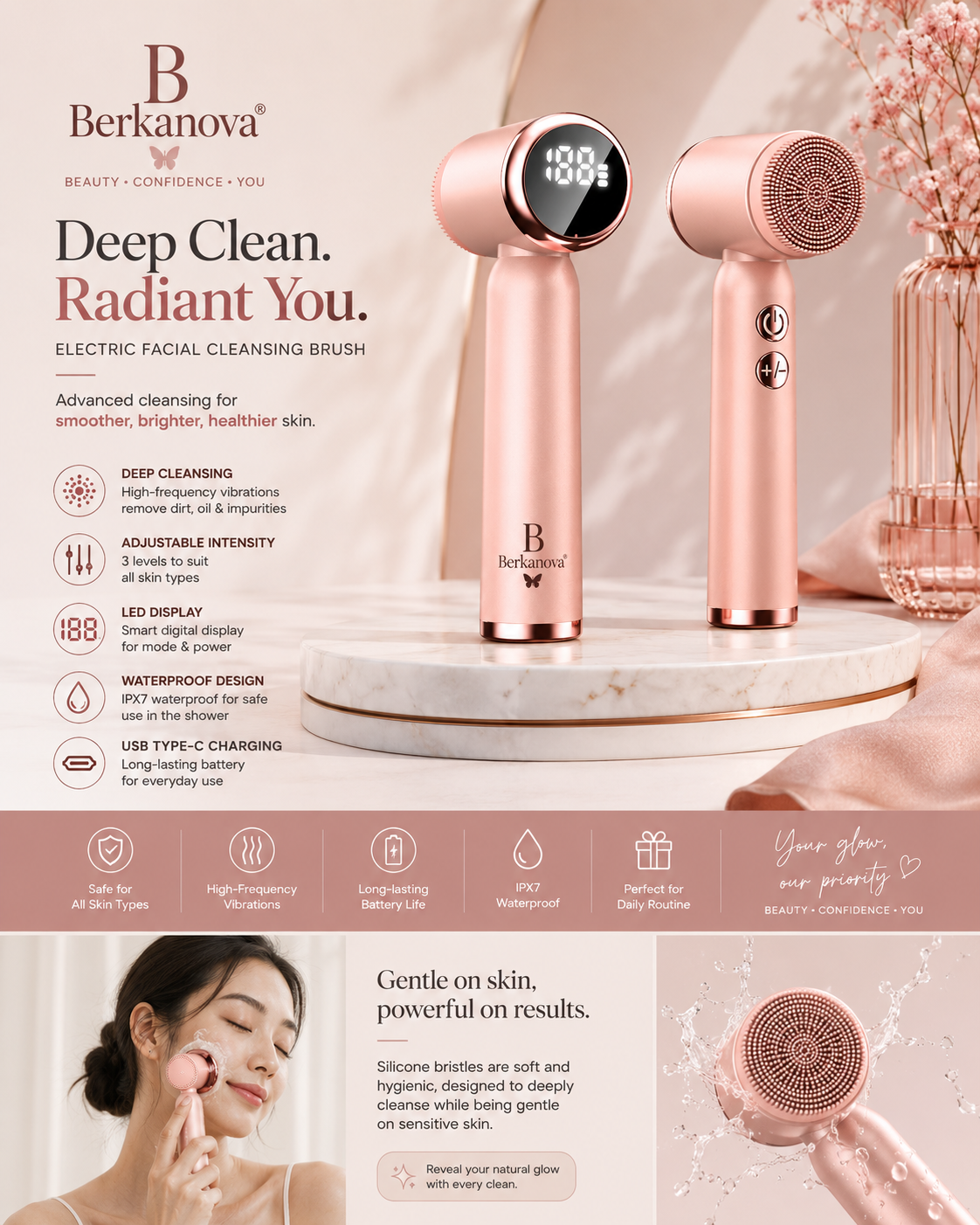 Waterproof Electric Silicone Facial Cleansing Brush