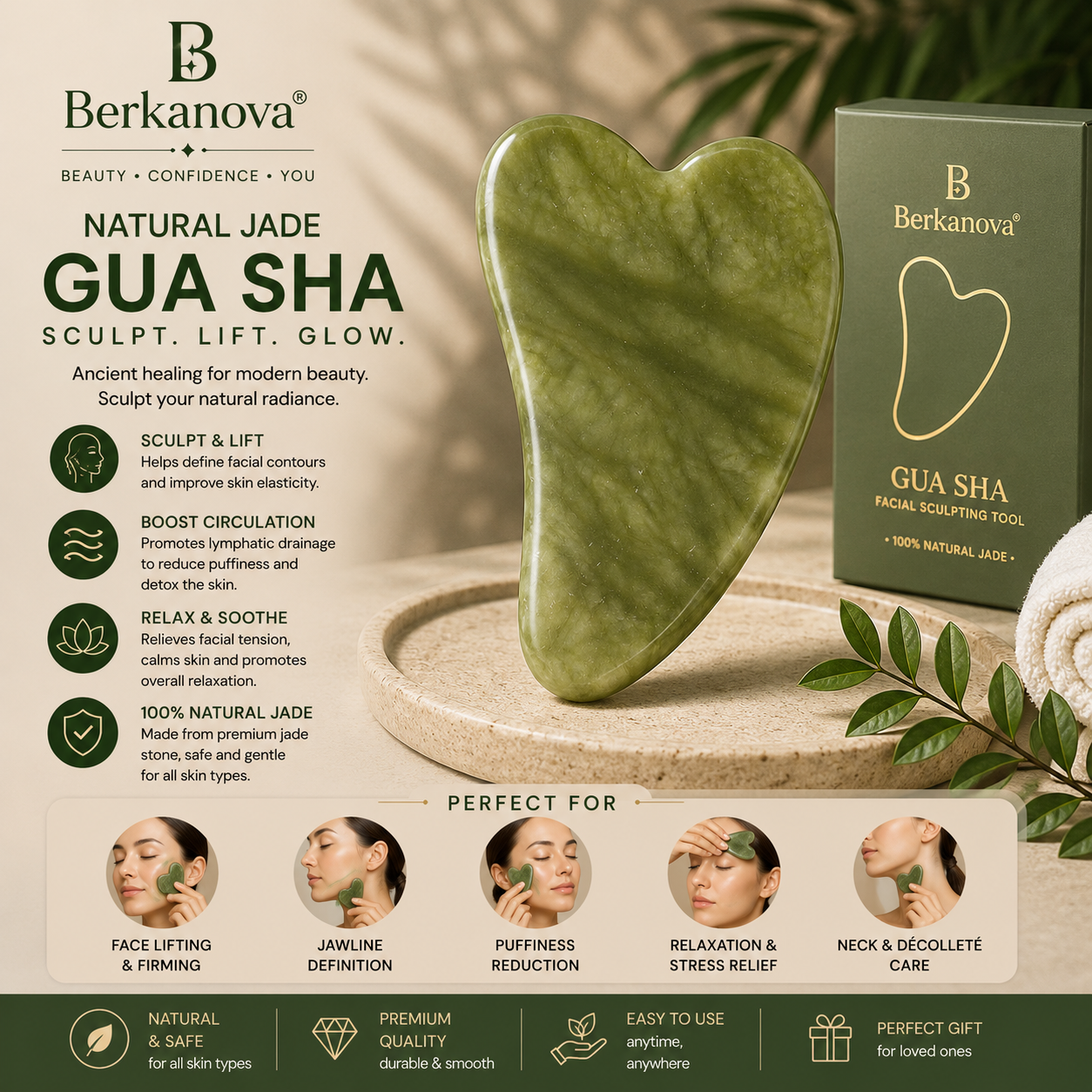 Jade Gua Sha Facial Massage Tool for Lymphatic Drainage