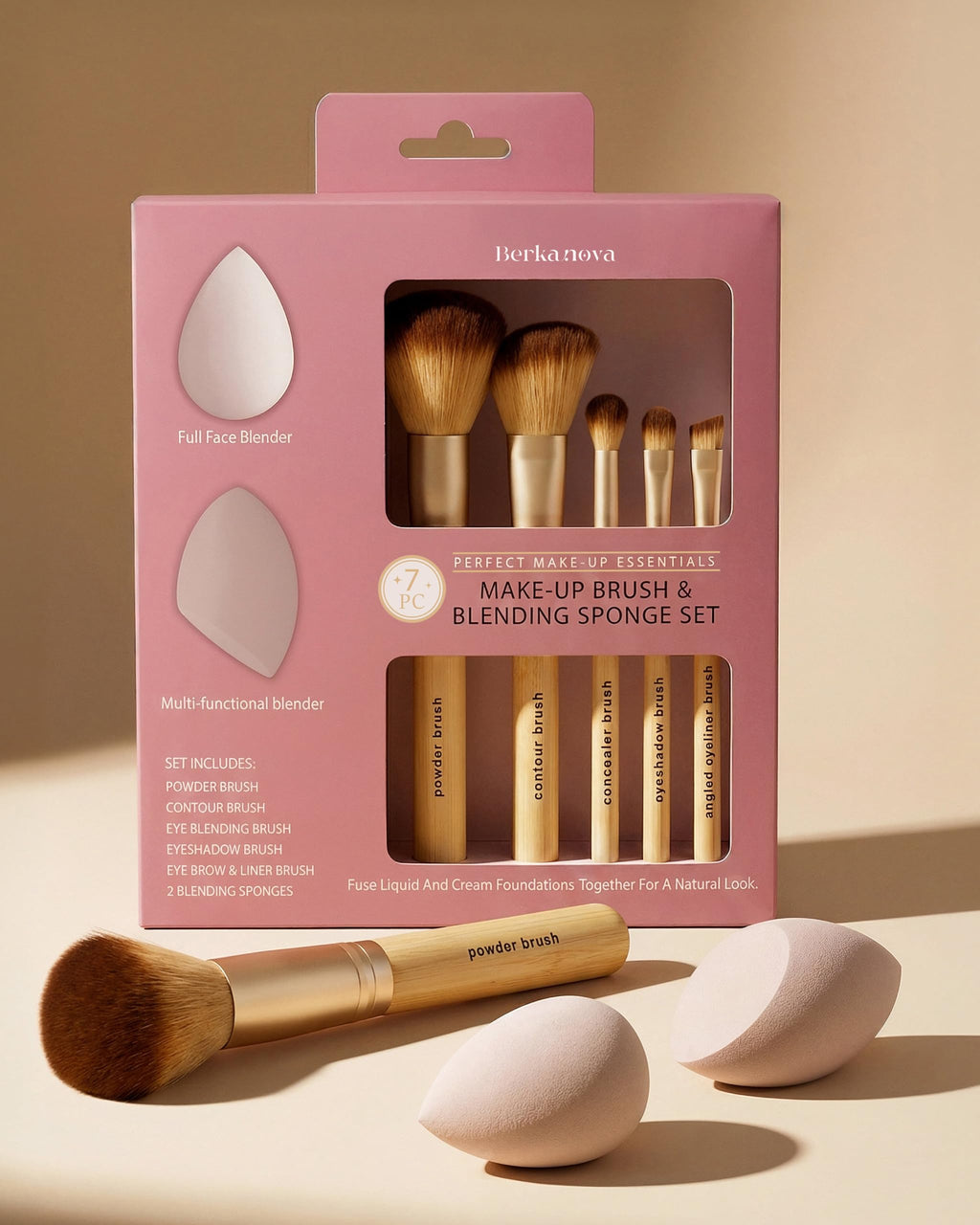 Berkanova Make-Up Brush and Blending Sponge Set, 7 Piece